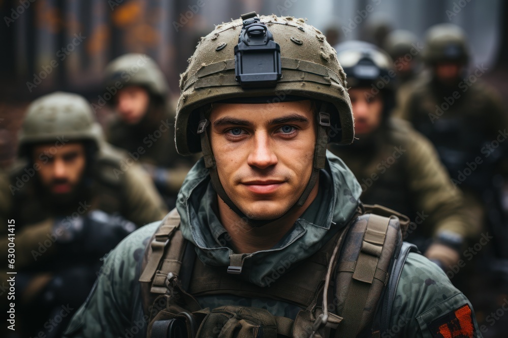 soldier holding gun at army confident soldier looking at camera with team