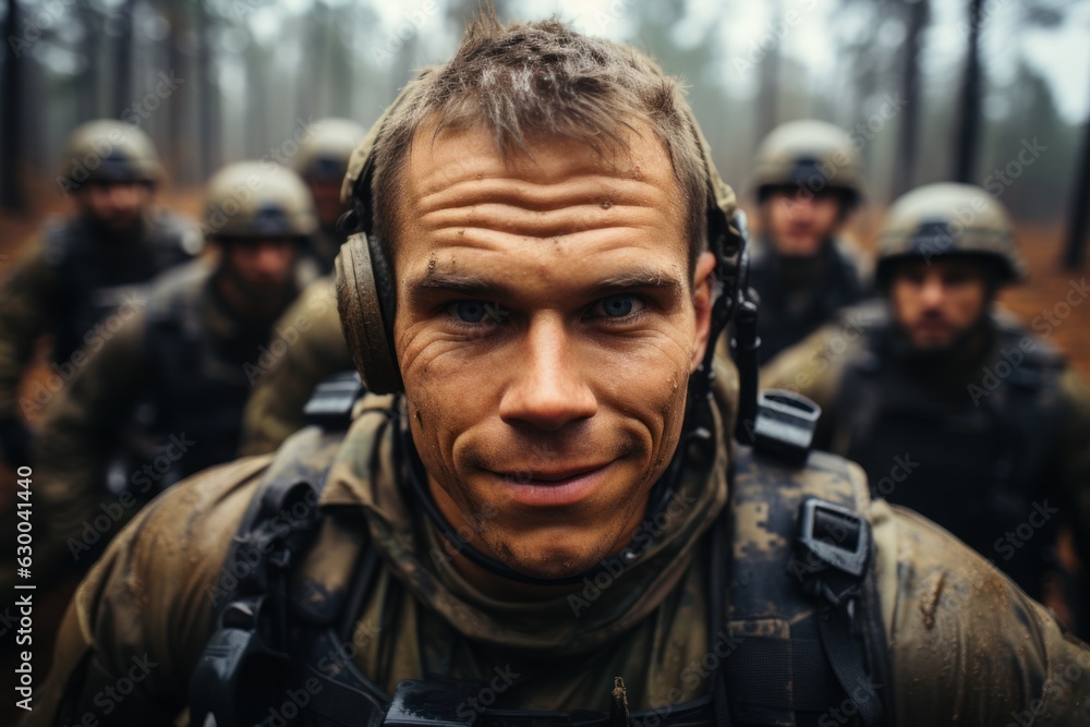 Fototapeta premium soldier holding gun at army confident soldier looking at camera with team
