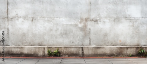 The city street has a long, old concrete wall that is covered with white plaster. The exterior of the