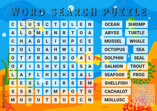 Vector illustration. Word search puzzle. Crossword puzzle on the ocean and the sea. Bright sea background.