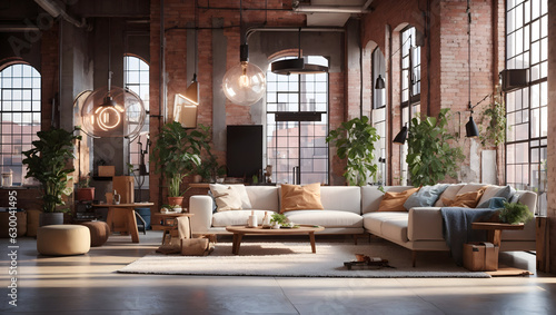 3D Render of Industrial Loft Living Room Interior in an Urban Style