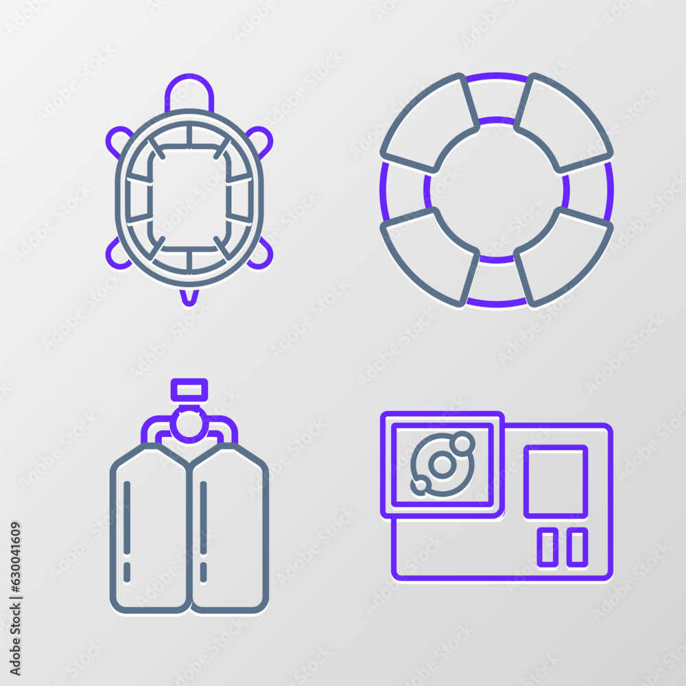 Fototapeta premium Set line Action camera, Aqualung, Lifebuoy and Turtle icon. Vector
