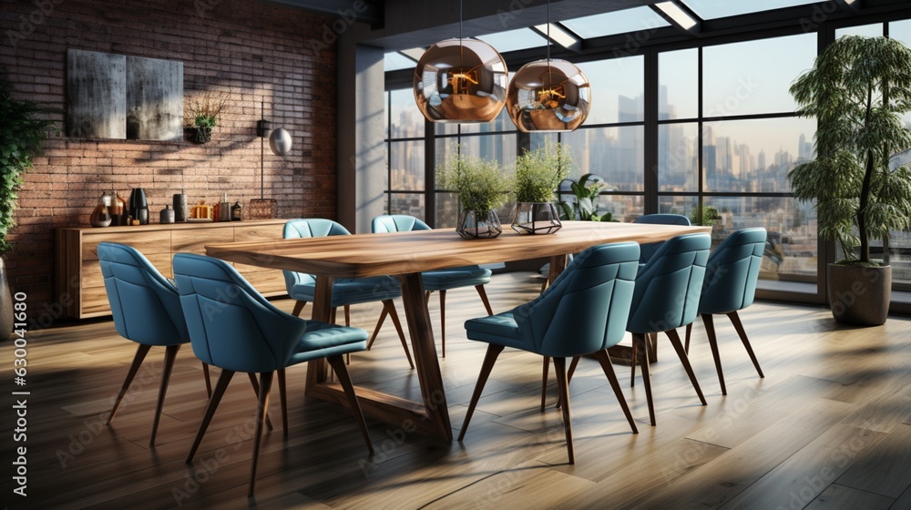 Large modern dining table in a trendy style, dining area in a studio apartment. wooden table top, fabric blue chairs
