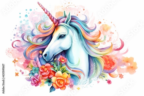 Illustration of a majestic white unicorn adorned with vibrant flowers in its colorful mane created with Generative AI technology