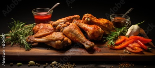uncooked chicken wings displayed on a wooden board along with vegetables and spices on a black background.