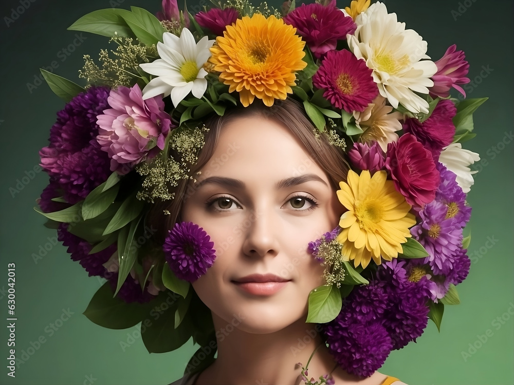 portrait of woman with colorful flowers in head 