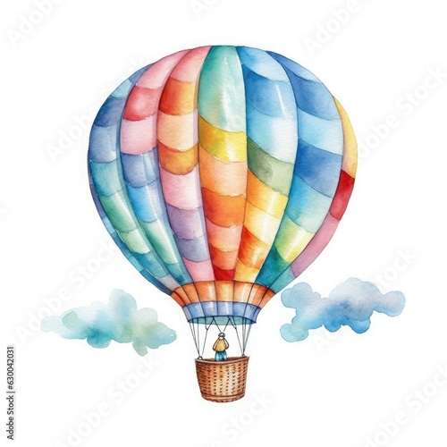 Watercolor illustration of a colorful hot air balloon floating in the sky
