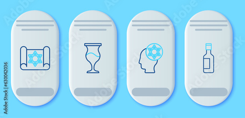 Set line Jewish goblet, Orthodox jewish hat, Torah scroll and wine bottle icon. Vector