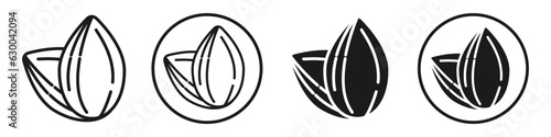 Almond symbol Icon set collection. Vector black and white nut bean for health benefits. Natural vegan almond oil cookie or sweets flat round circle logo for web app ui use. Seed diet outlined 