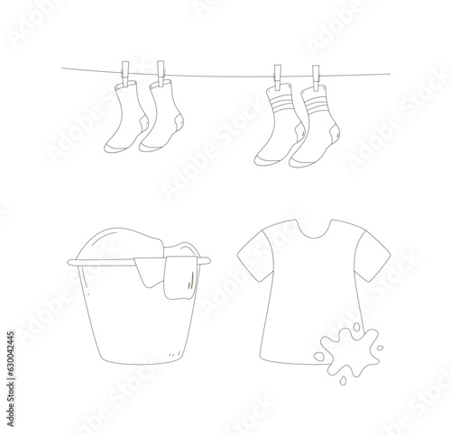 Wash. T-shirt. Doodle style style. Vector. Laundry basket. Socks.
