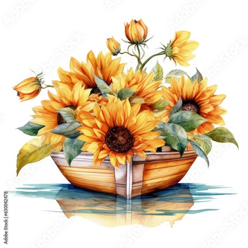 Watercolor illustration of a vibrant painting featuring a boat adorned with beautiful sunflowers