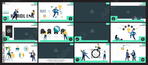 Business presentation, powerpoint, infographic design template with green elements, black background. Start a business. A team of people creates a business.Financial work.Use of flyers, marketing, job