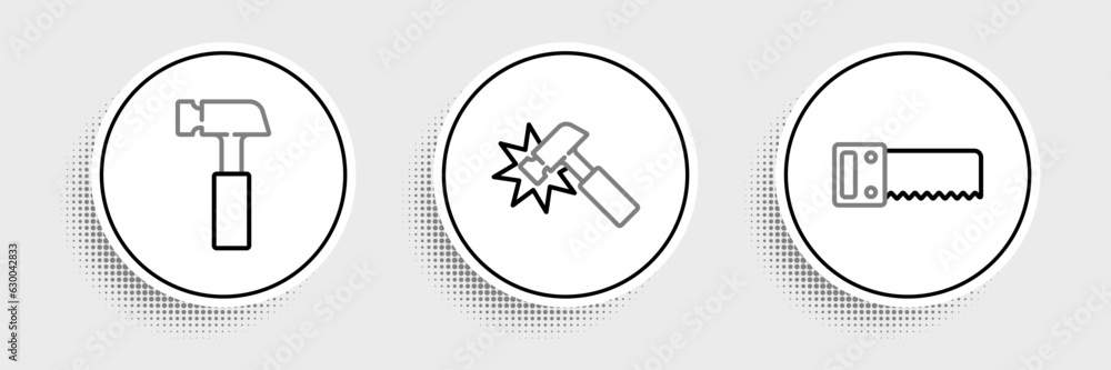 Set line Hand saw, Hammer and icon. Vector Set line Hand saw, Hammer and icon. Vector