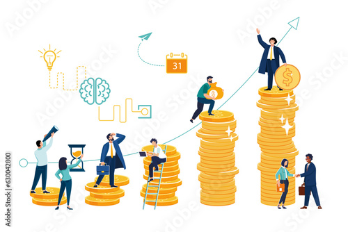 Goals and objectives, business grow and plan concept. Targeting, marketing, business mission concept. People planning strategy for success, leadership. High earnings, cash reward, top of gold coins