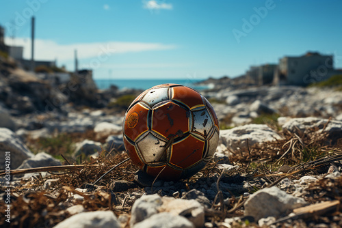 a dirty citizen soccer ball on the grass in front of a stadium, football in a muddy puddle © Umi Sakina