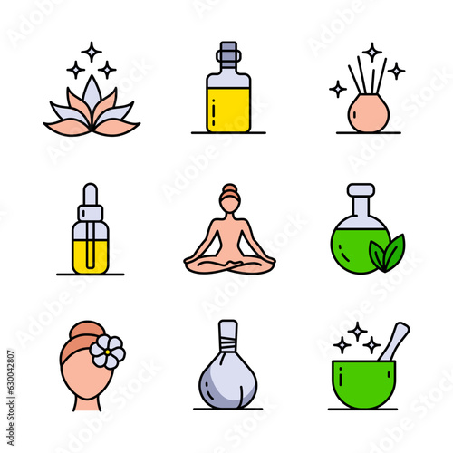 Ayurveda color icons set. Simple pictogram vector illustration ayurvedic collection with symbols of healthy alternative medicine.