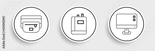 Set line Computer monitor screen, Waist bag of banana and Book icon. Vector