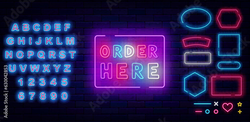 Order here neon label. Shiny blue alphabet. Online reservation. Geometric frames collection. Vector illustration
