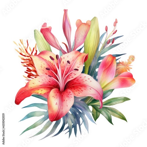 Watercolor illustration of a vibrant bouquet of flowers against a clean white background