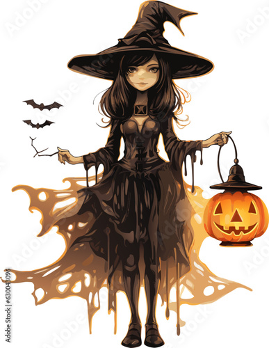 vector beautiful girl with pumpkins. creepy witch with jack o lanterns. a girl with hat vector illustration on white background.