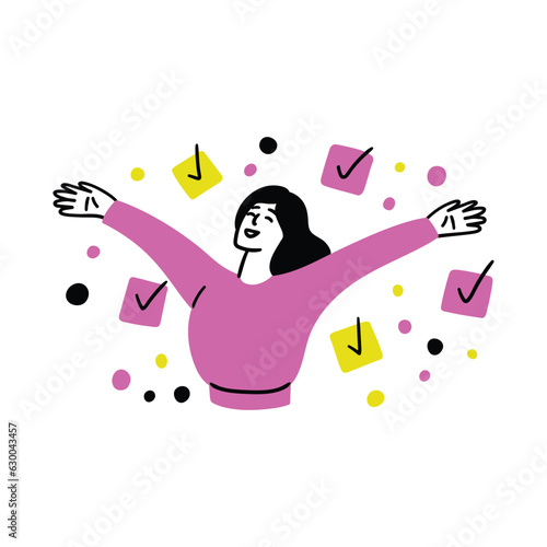 Cartoon Color Educational and Self-Development Concept Scene with Character Girl with Check Marks. Vector illustration of Education Process