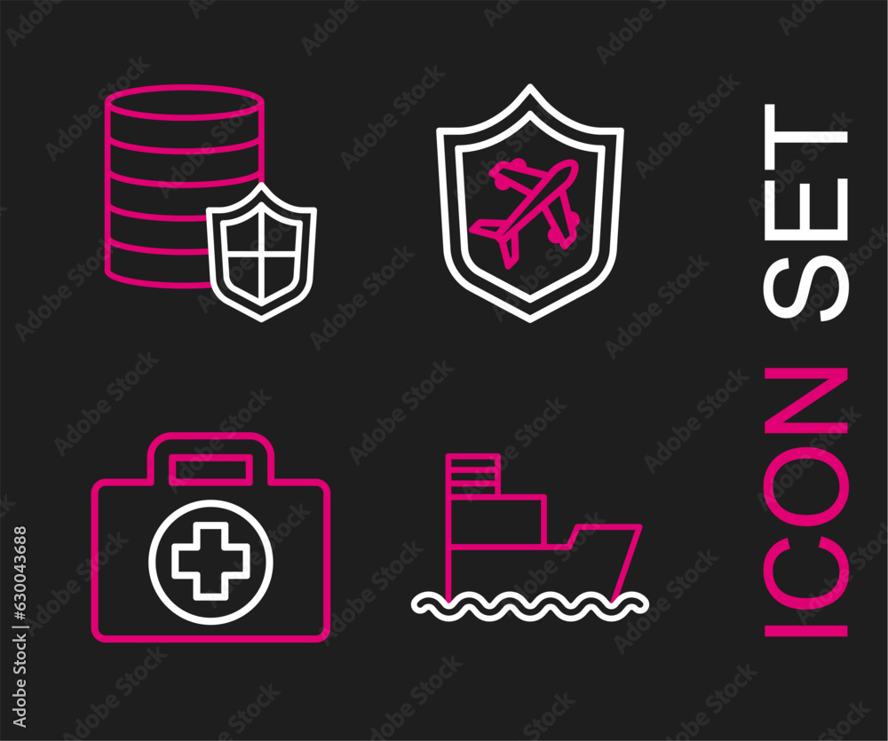 Set line Ship, First aid kit, Plane with shield and Money icon. Vector Set line Ship, First aid kit, Plane with shield and Money icon. Vector