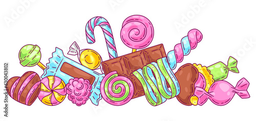 Background with candies and sweets. Design for confectionery or candy shop.