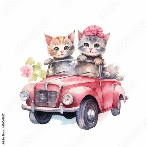 Watercolor illustration of two adorable kittens perched on a vibrant red car