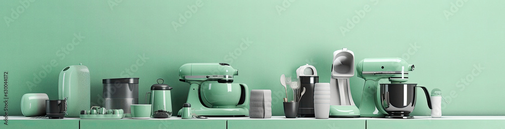 Fototapeta premium Kitchen appliances on soft green background