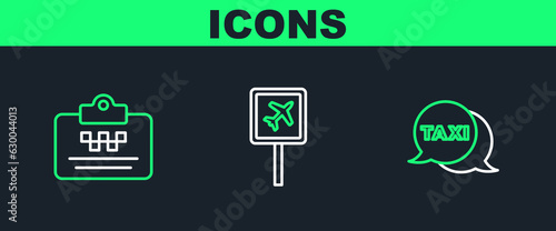 Set line Taxi call telephone service, driver license and Airport icon. Vector