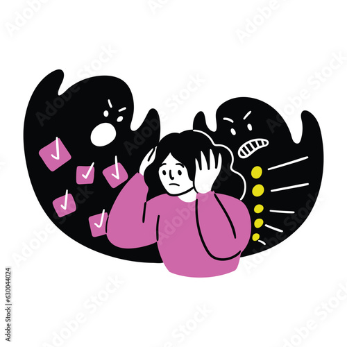 Cartoon Color Educational and Self-Development Concept Scene with Character Girl Scared and Afraid of Tasks. Vector illustration