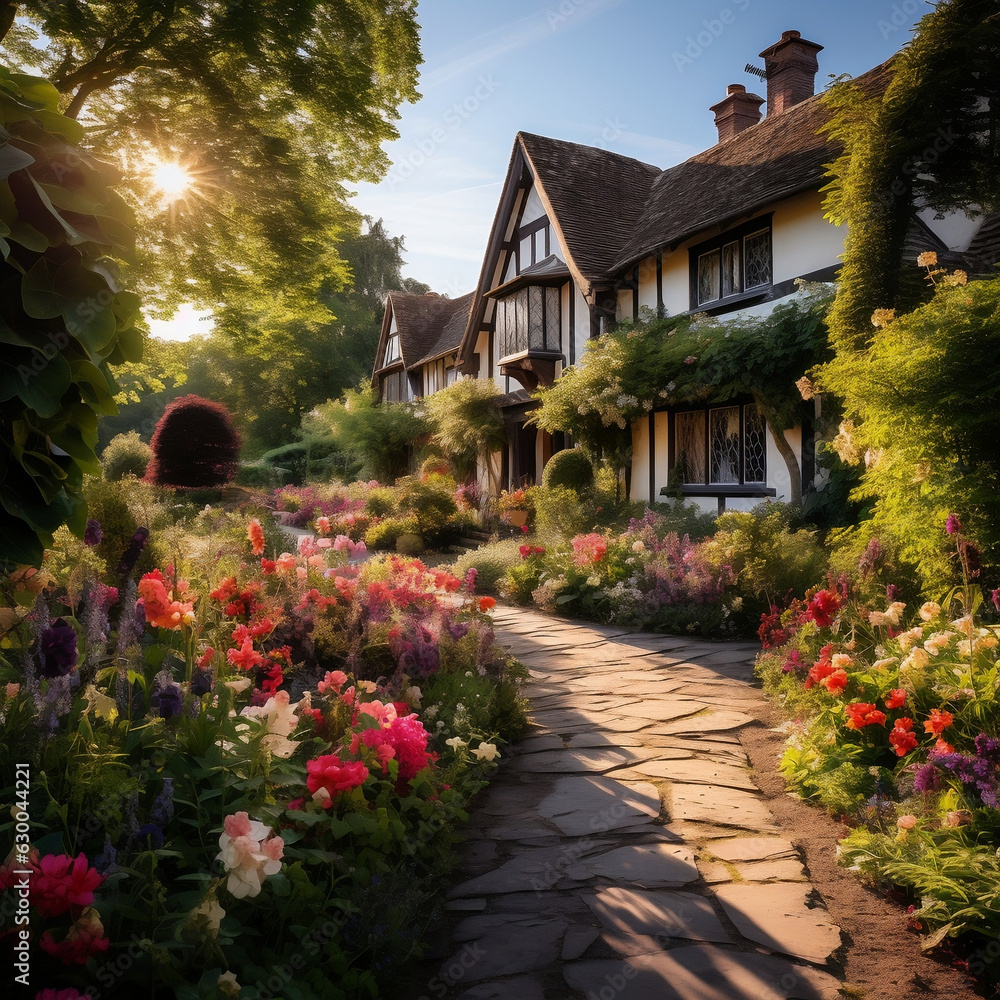 A romantic special angle shot of an English Cottage Garden Landscape, evoking a sense of informality and charm with a mix of colorful flowers, meandering paths, and rustic elements
