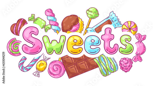 Background with candies and sweets. Design for confectionery or candy shop.