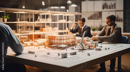 Concept architects man holding pen pointing equipment architects On the desk with a blueprint and Townhouse Condominium model design of in the office, meeting report project work. Generative AI