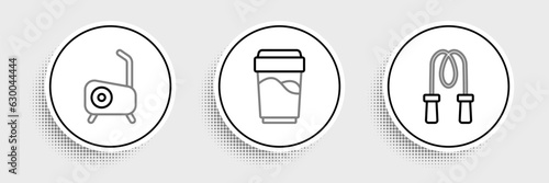 Set line Jump rope, Stationary bicycle and Glass with water icon. Vector