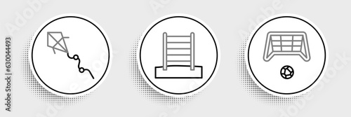 Set line Soccer goal with ball, Kite and Swedish wall icon. Vector