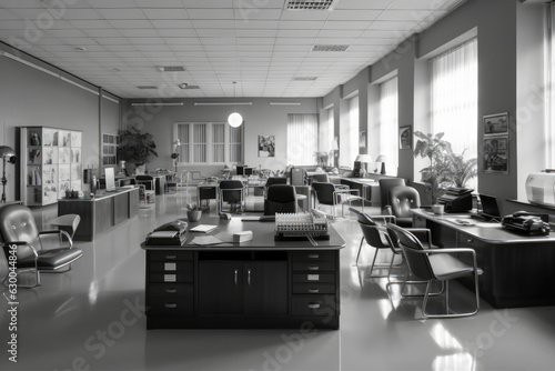 1950s styled office interior, open space. Nobody. No computers