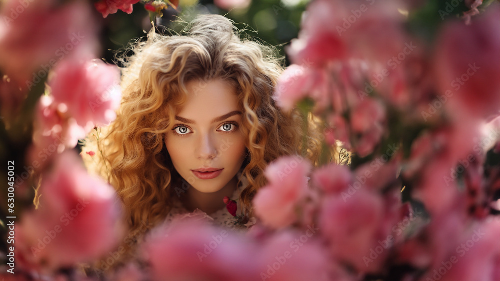 Wunderschöne Frau Gesicht mit blonden Locken als Hintergrund rosa Blumen und Blüten Nahaufnahme, ai generativ Wunderschöne Frau Gesicht mit blonden Locken als Hintergrund rosa Blumen und Blüten Nahaufnahme, ai generativ