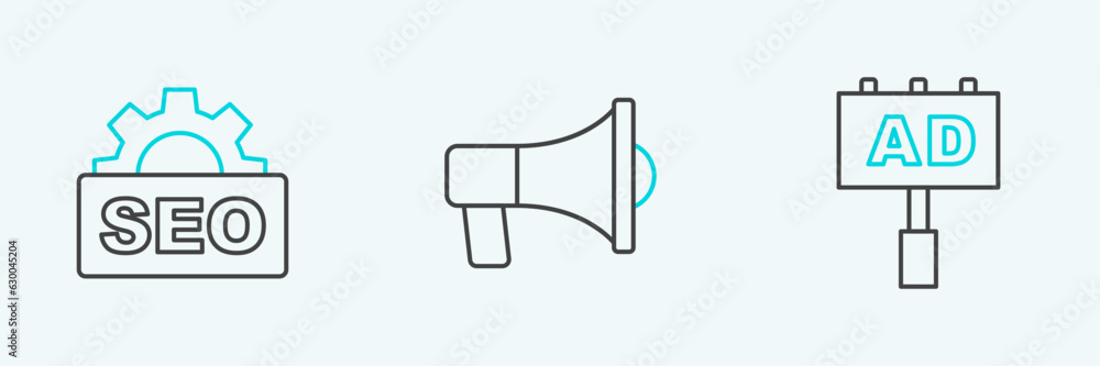 Set line Advertising, SEO optimization and Megaphone icon. Vector Set line Advertising, SEO optimization and Megaphone icon. Vector