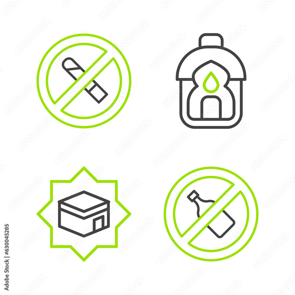 Fototapeta premium Set line No alcohol, Kaaba mosque, Ramadan Kareem lantern and Smoking icon. Vector