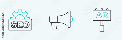 Set line Advertising, SEO optimization and Megaphone icon. Vector