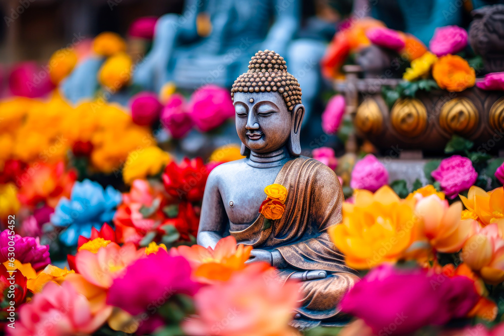 Statue of buddha with lots of colorful lotus flowers, bright colors