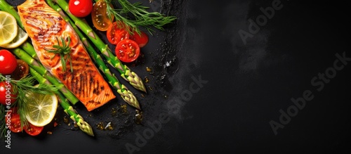 Grilled salmon steak topped with green asparagus, lemon, and tomatoes, seen from above, with space for © HN Works
