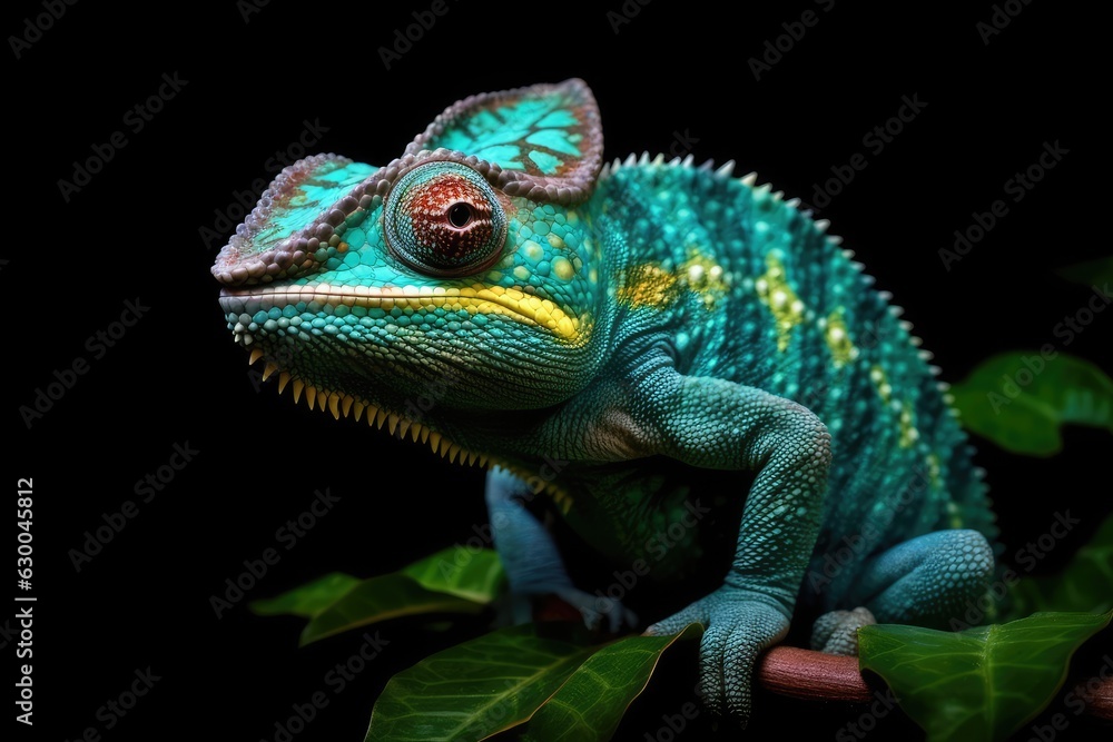 A vibrant green and yellow chameleon perched on a branch