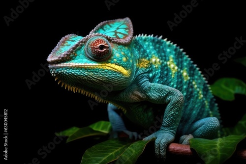 A vibrant green and yellow chameleon perched on a branch © pham