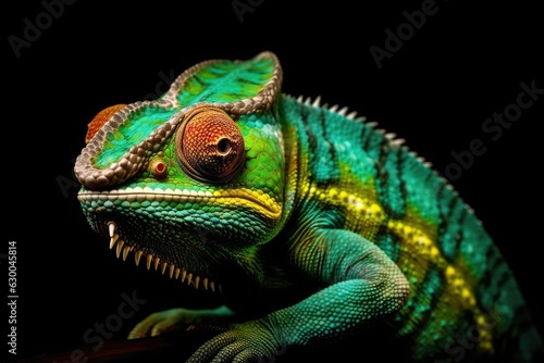 A vibrant green and yellow chameleon up close