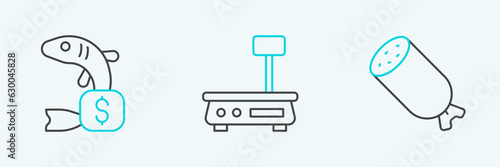 Set line Salami sausage, Price tag for fish and Electronic scales icon. Vector