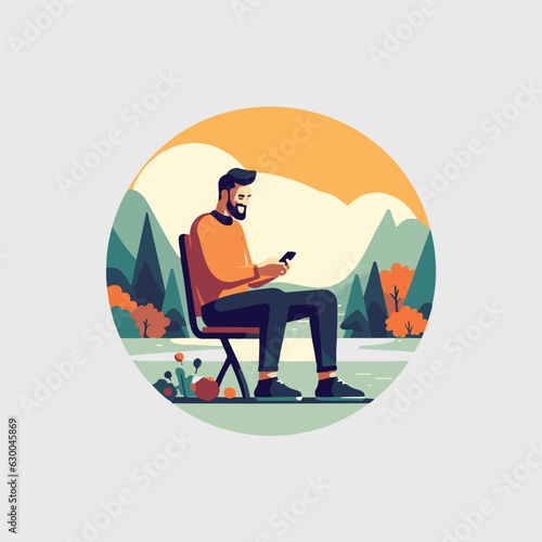 man sitting on bench in naturuza using cell phone