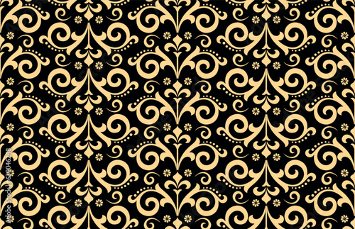 Wallpaper in the style of Baroque. Seamless vector background. Gold and black floral ornament. Graphic pattern for fabric, wallpaper, packaging. Ornate Damask flower ornament