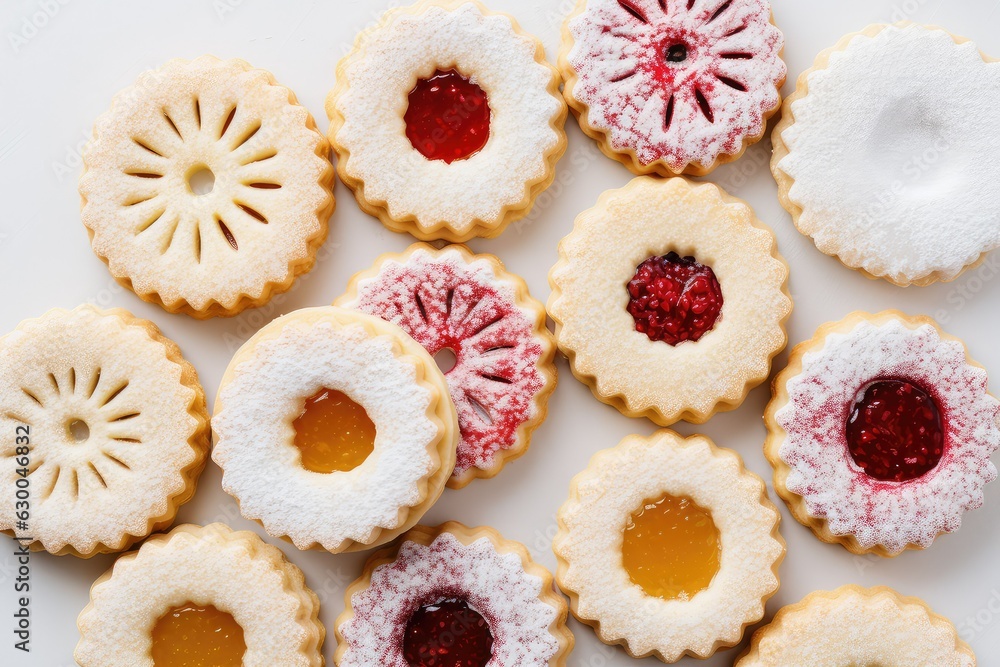 Classic Linzer Christmas Cookies with raspberry or strawberry jam on light background created with generative ai 